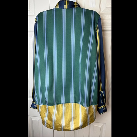 ALEMBIKA Satin Striped Blouse Tunic Top Shirt Emerald Green Blue Chartreuse - Picture 9 of 14